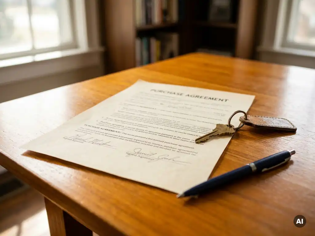 Ondertekend koopcontract op houten tafel met huissleutel en notarispen, warm natuurlijk licht, beslissend moment van woningaankoop.